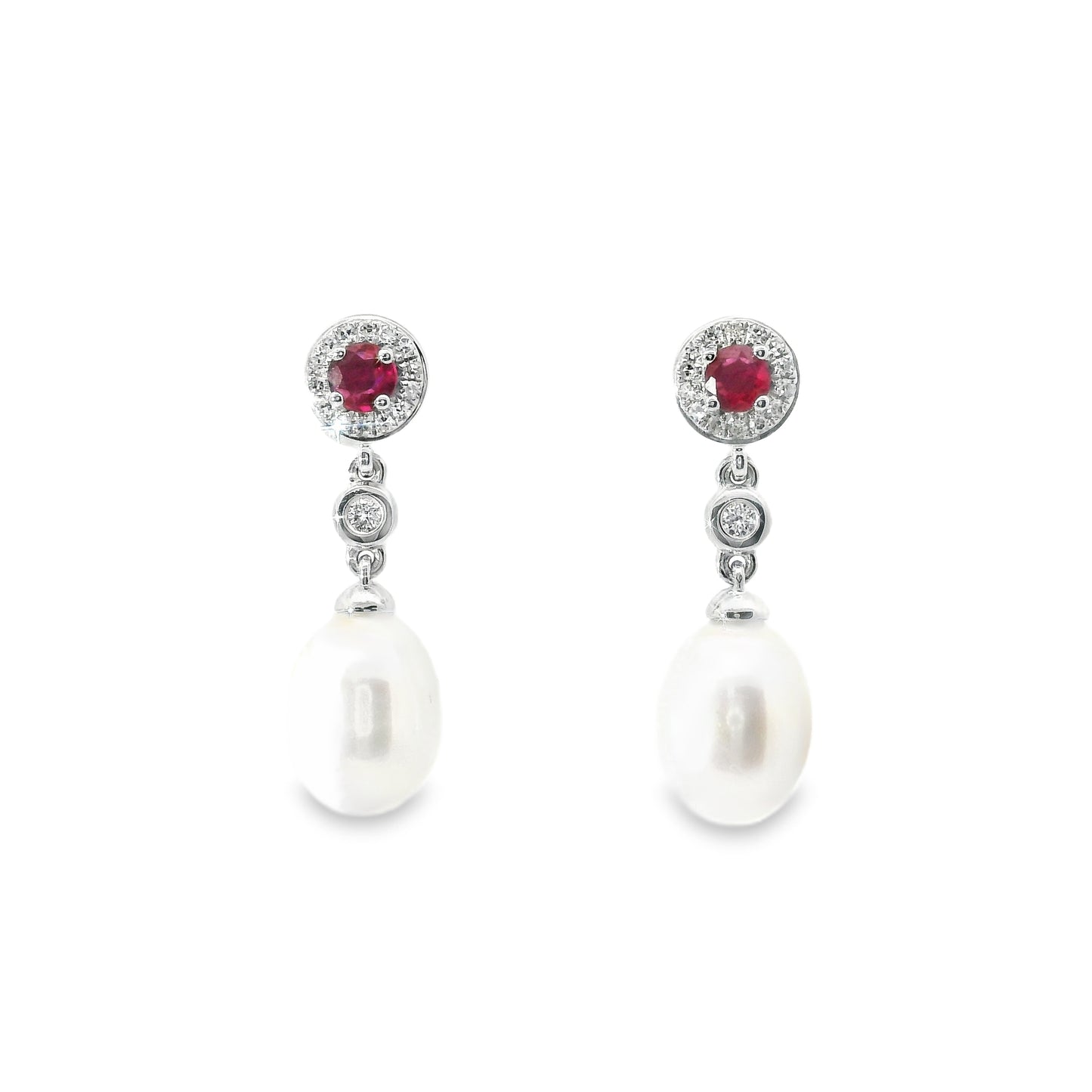 18ct White Gold Earrings with Fresh Water Pearl Rubies and Diamonds