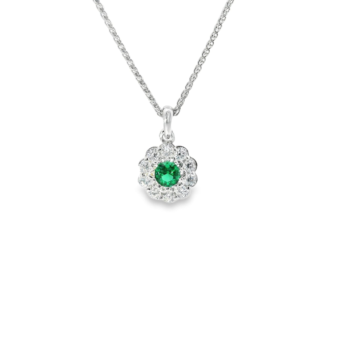 Silver & Emerald Cubic Zirconia Flower Necklace