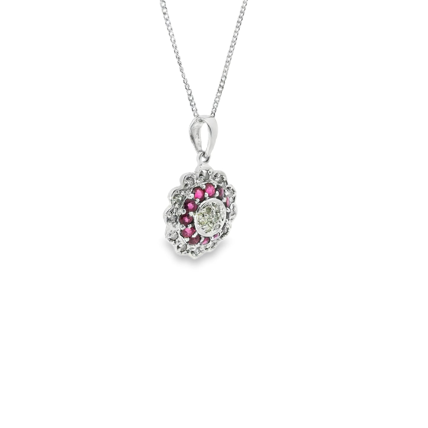 9ct White Gold Diamonds and Rubies Flower Necklace