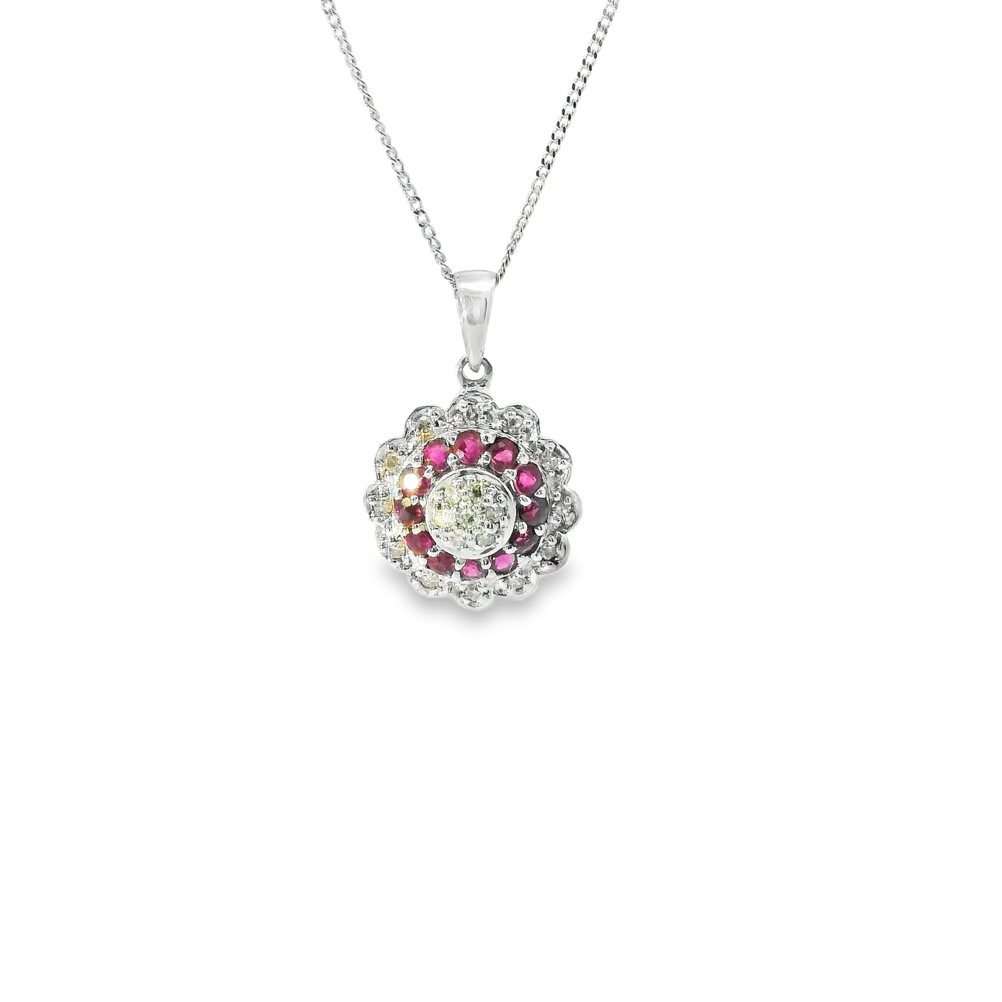 9ct White Gold Diamonds and Rubies Flower Necklace