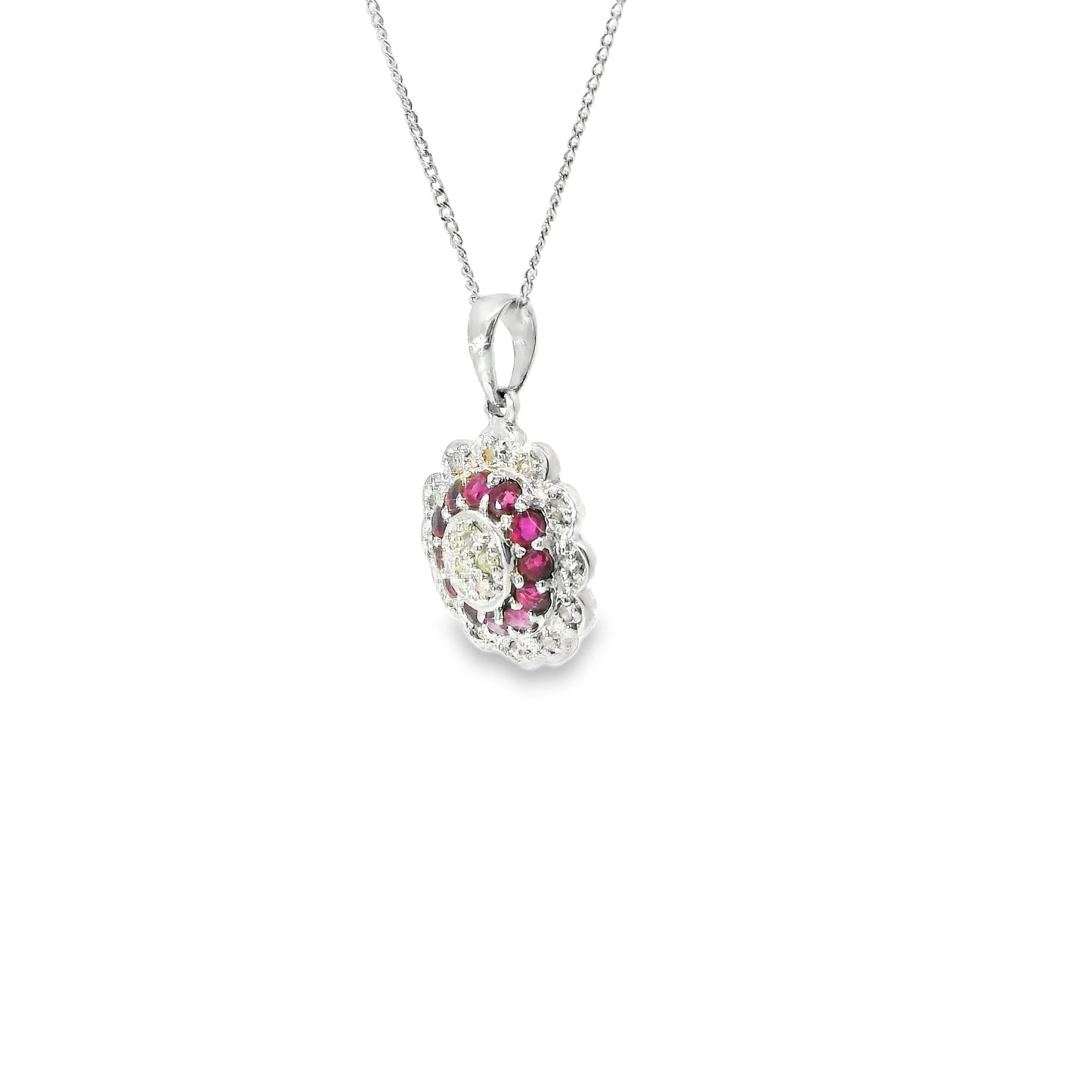9ct White Gold Diamonds and Rubies Flower Necklace