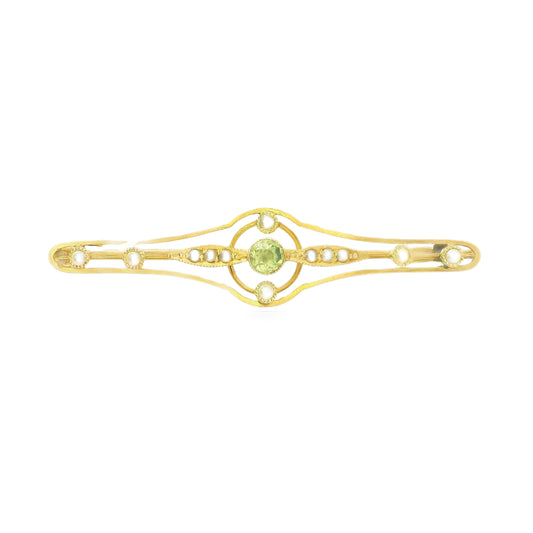 15ct Gold Brooch with Peridot and Pearls