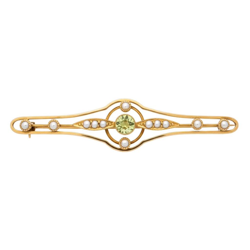 15ct Gold Brooch with Peridot and Pearls