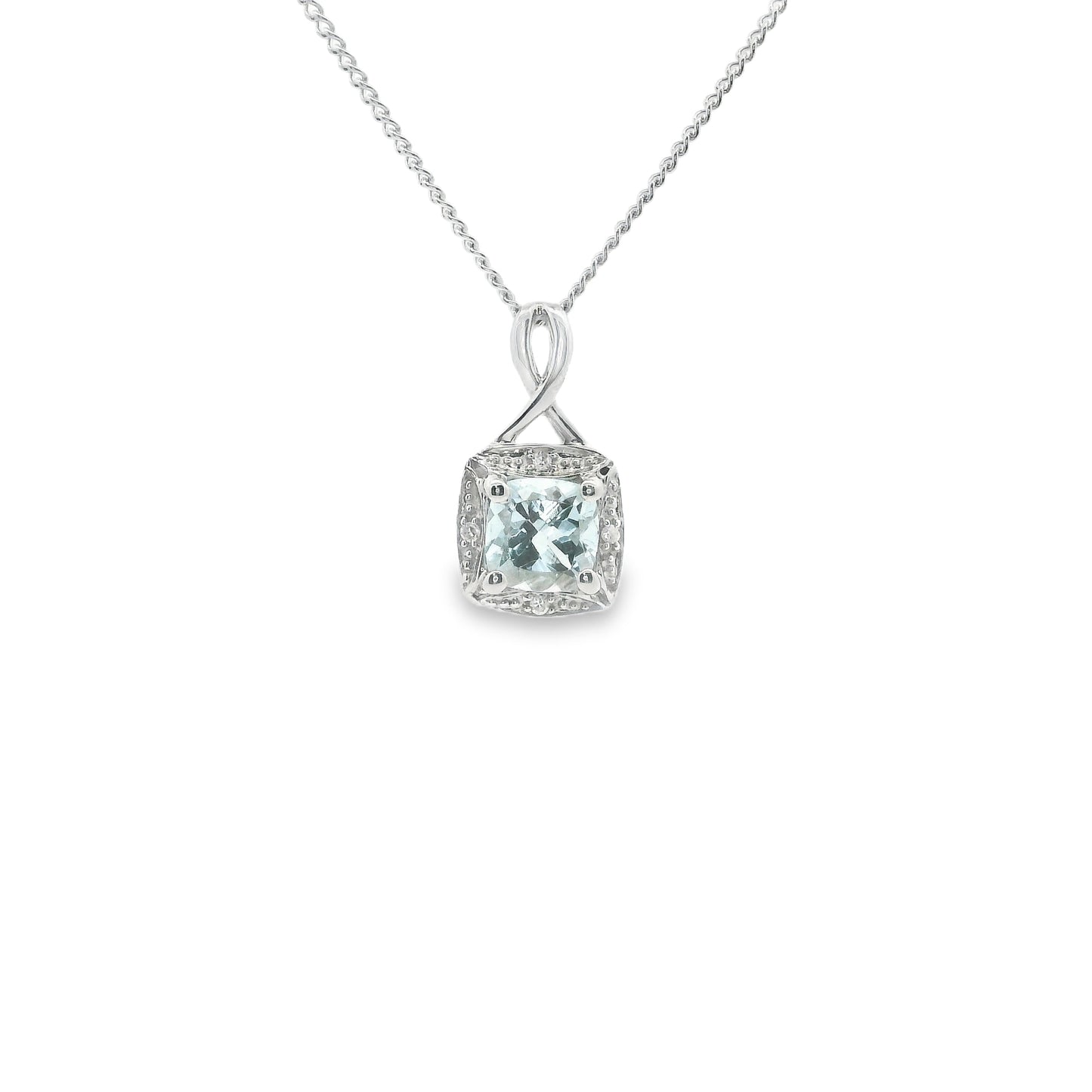 9ct White Gold Twist Pendant with Aquamarine and Diamonds