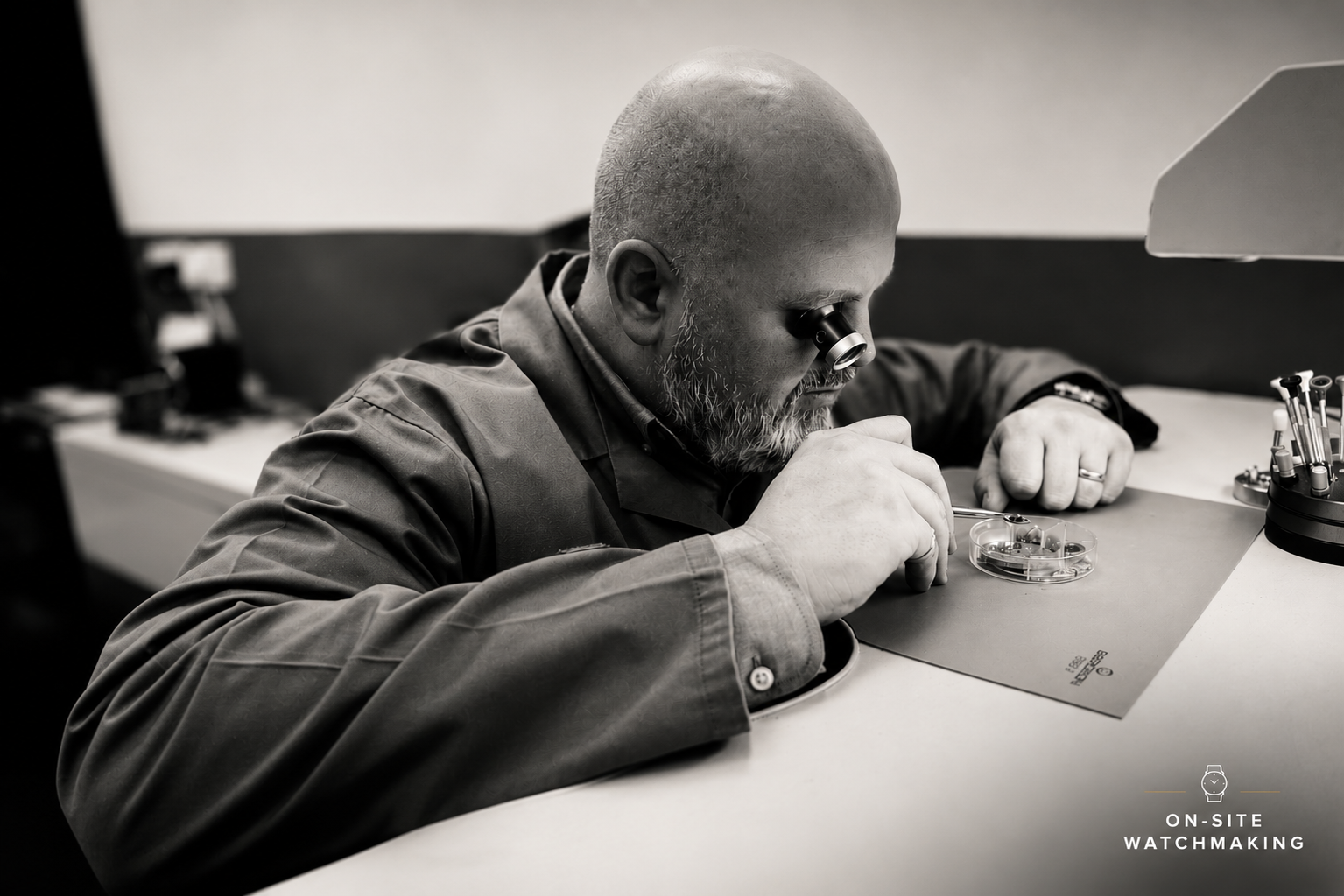 Swiss watch movement being serviced in the Marcus Tempus workshop
