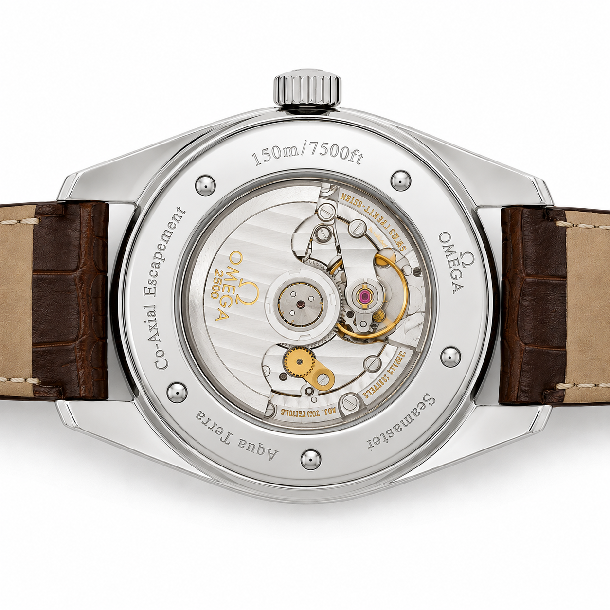 Omega Seamaster Aqua Terra exhibition caseback showing Co-Axial automatic movement