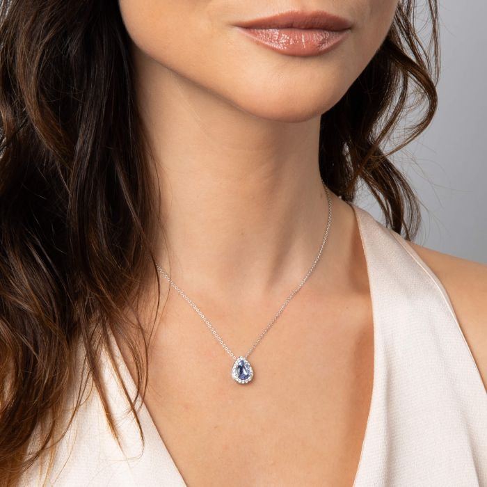Aquamarine Blue Zirconia Halo Teardrop Pendant