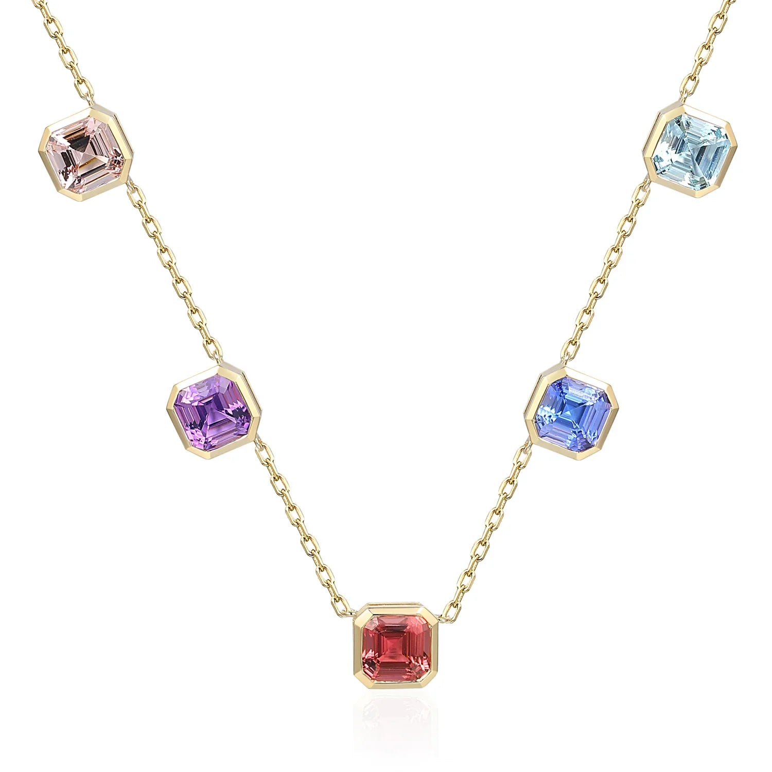 Gold Square Step Cut Multi Gemstone Necklace