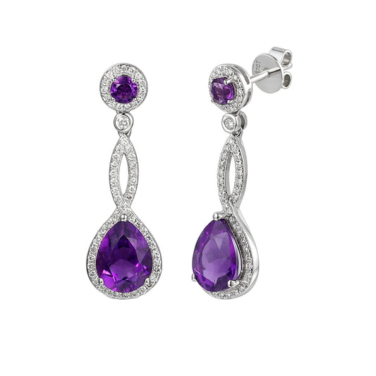 White Gold Amethyst and Diamond Twist Drop Earring