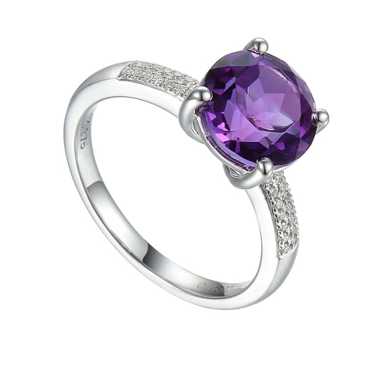 Round Amethyst Ring with Pave Diamond Shoulders