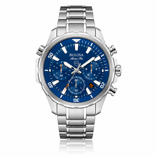 Bulova Marine Star 96B256 blue chronograph watch with stainless steel bracelet