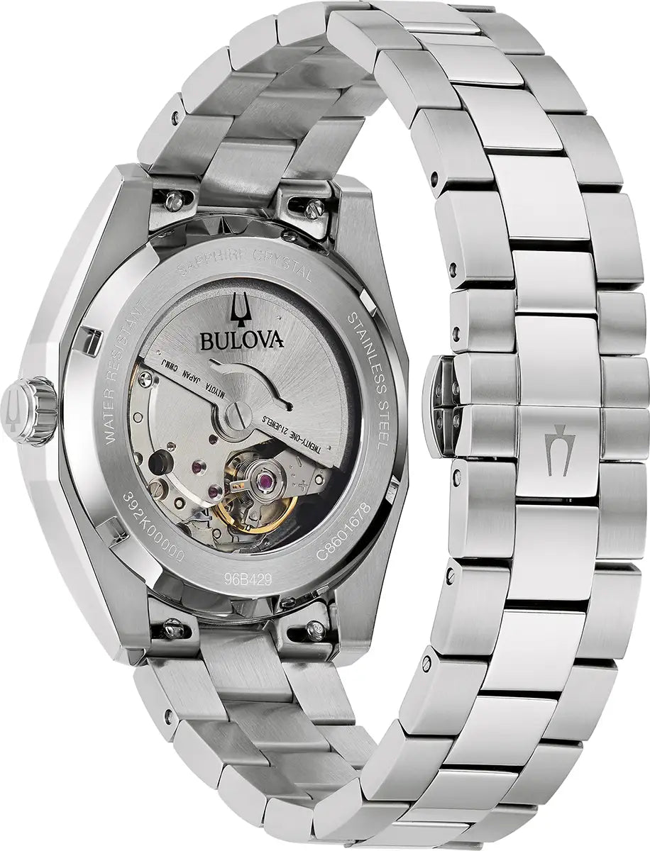 Bulova Surveyor 96B429 stainless steel automatic watch with three-link bracelet