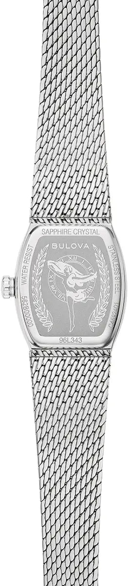 Detail: Bulova Goddess of Time 96L343 petite tonneau case with unique blue sodalite stone dial
