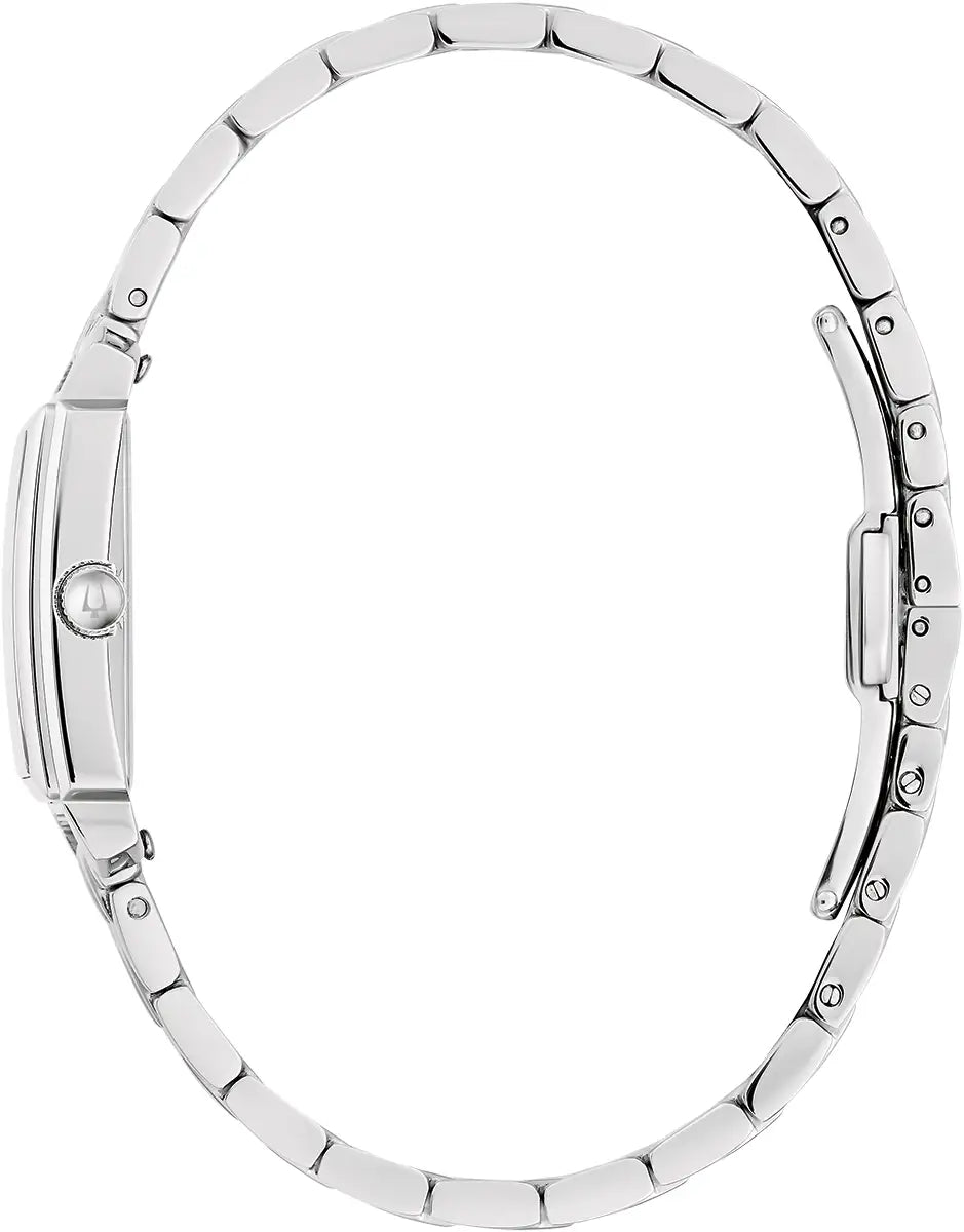 Bulova Sutton 96P244 rectangular ladies watch with mother-of-pearl dial and diamond hour markers side view 