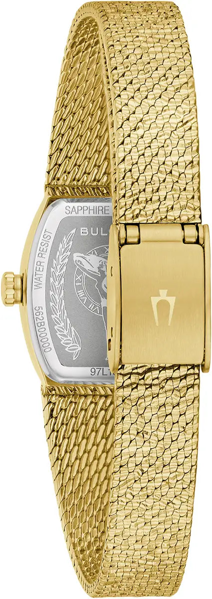 Bulova Goddess of Time 97L184 petite gold-tone tonneau case with green malachite dial