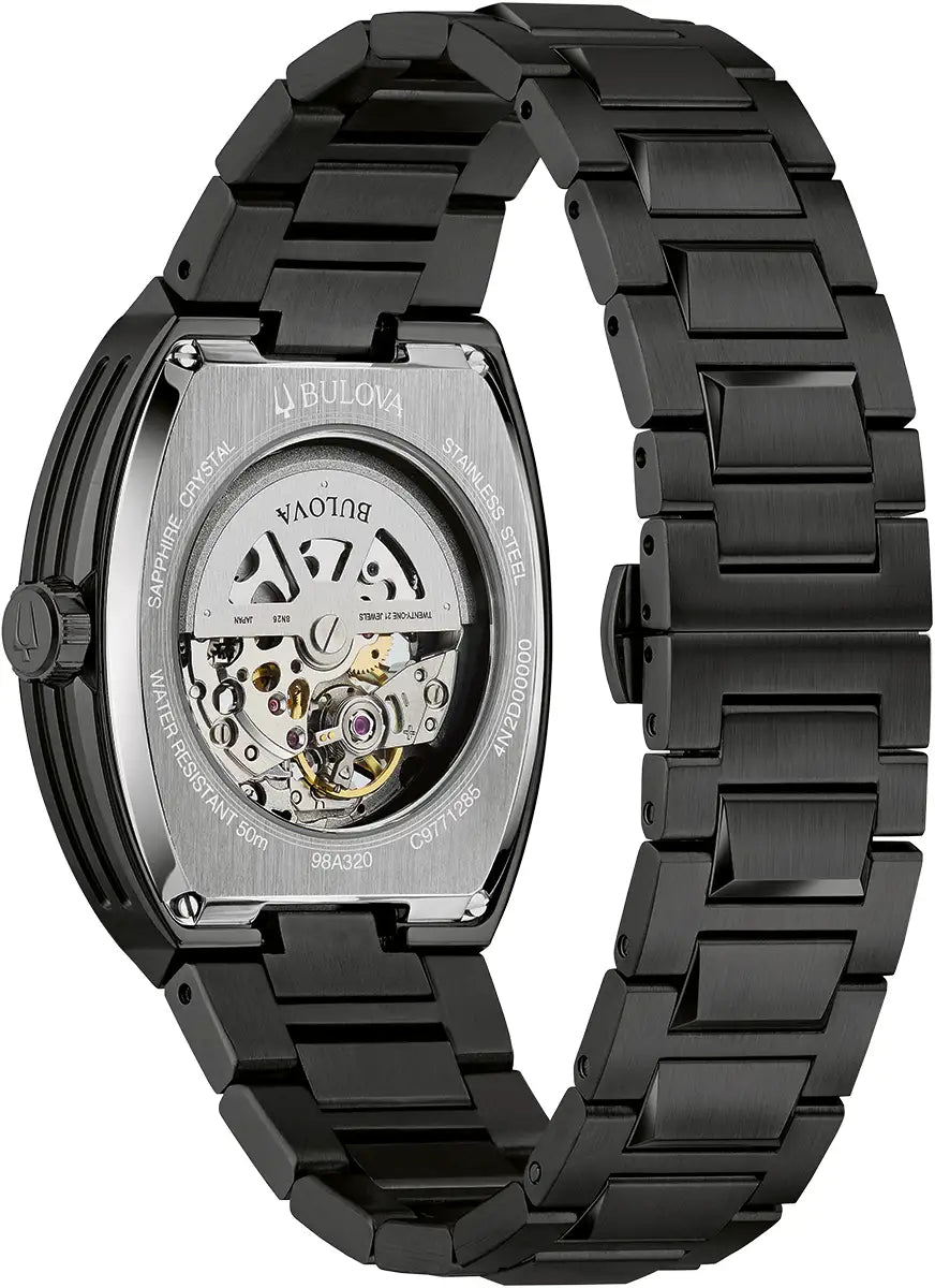 Bulova Maquina 98A320 automatic movement visible through transparent case back
