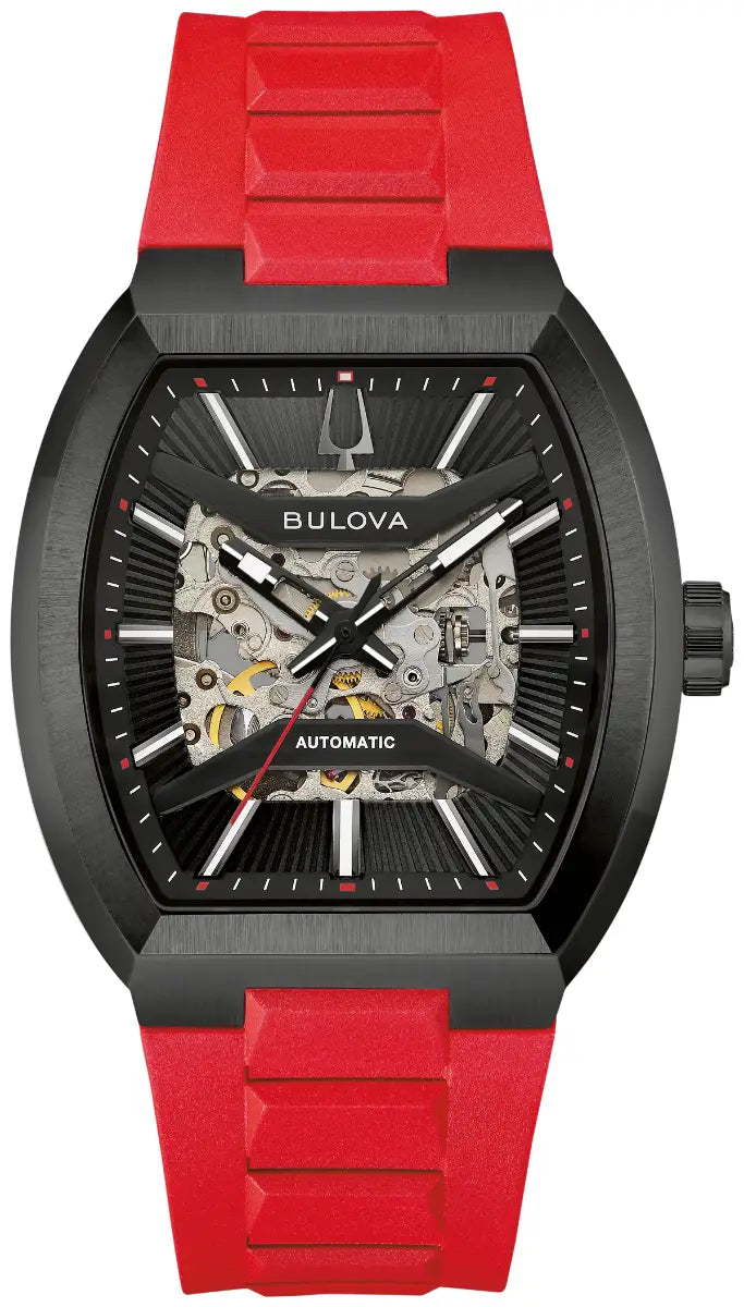 Bulova Maquina 98A341 black automatic watch showing curved tonneau case and red HNBR rubber strap