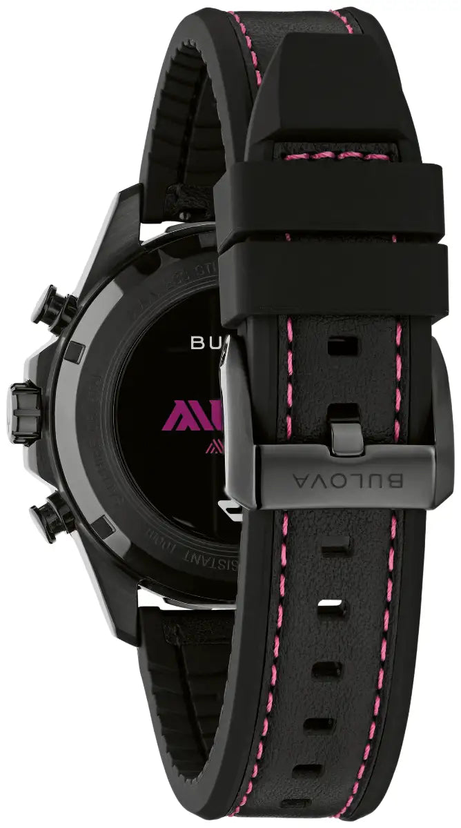Bulova Marine Star E1 Team Miami black leather and silicone strap with magenta stitching