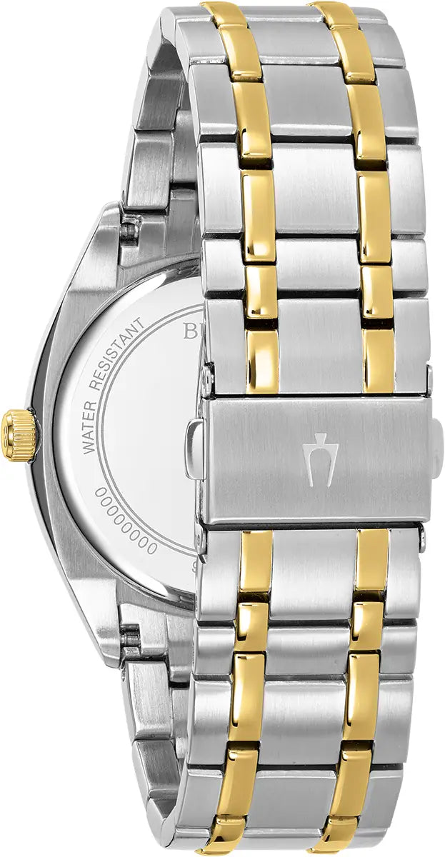 Bulova Surveyor 98C127 two-tone day-date watch with silver-white dial and stainless steel bracelet back view 