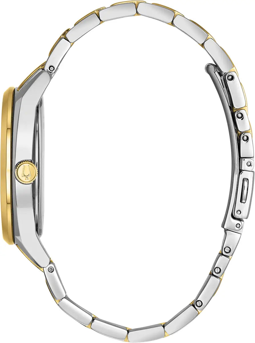 Bulova Surveyor 98C127 two-tone day-date watch with silver-white dial and stainless steel bracelet side view  