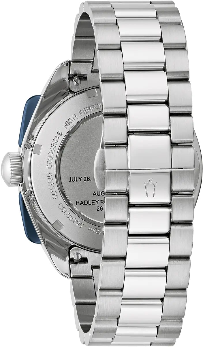 Bulova Lunar Pilot 98K112 high precision quartz chronograph with silver dial, blue sub-dials and stainless steel bracelet back 