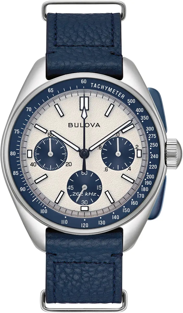 Bulova Lunar Pilot 98K112 high precision quartz chronograph with silver dial, blue sub-dials and leather bracelet