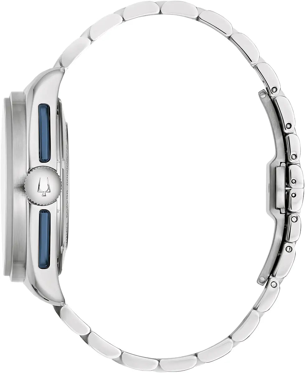 Bulova Lunar Pilot 98K112 high precision quartz chronograph with silver dial, blue sub-dials and stainless steel bracelet side view 