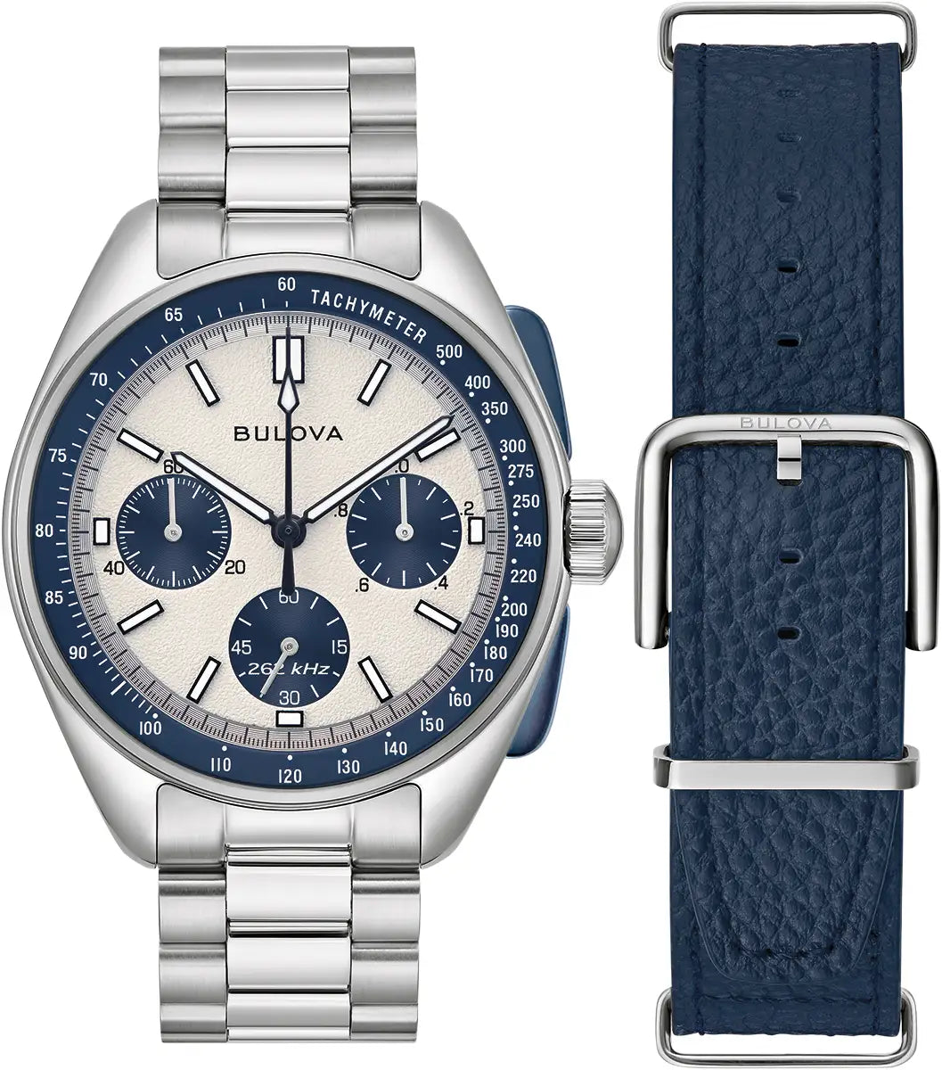Bulova Lunar Pilot 98K112 high precision quartz chronograph with silver dial, blue sub-dials and stainless steel bracelet with additional leather strap