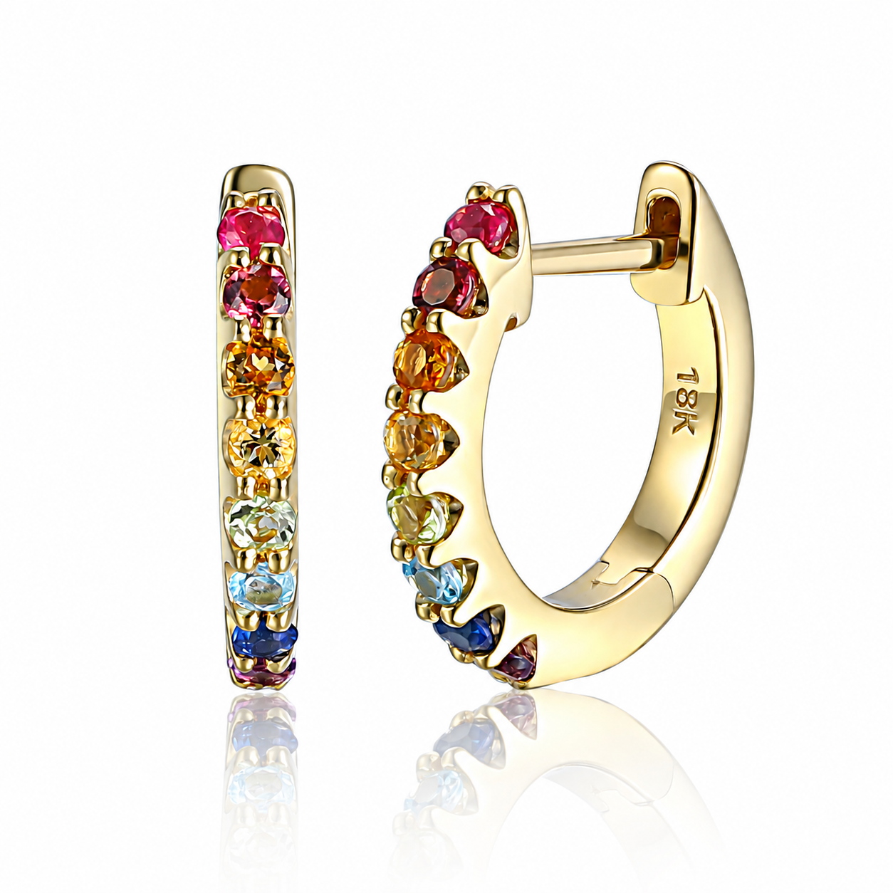 9ct yellow gold multi-gemstone hoop earrings with amethyst, blue topaz, peridot, pink tourmaline, ruby and sapphire