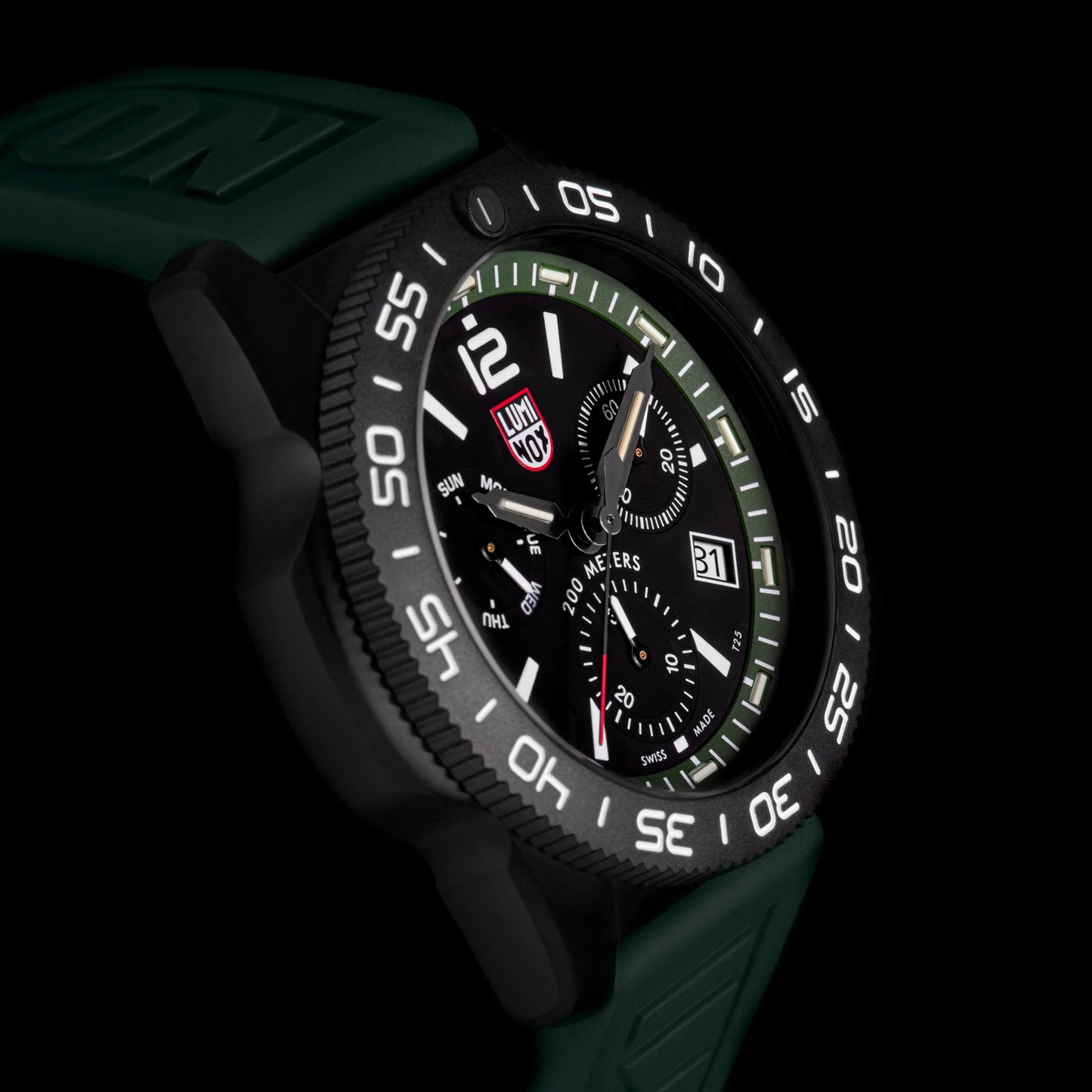 Luminox Pacific Diver Chronograph XS.3147 Forest Green Swiss dive watch worn on the wrist