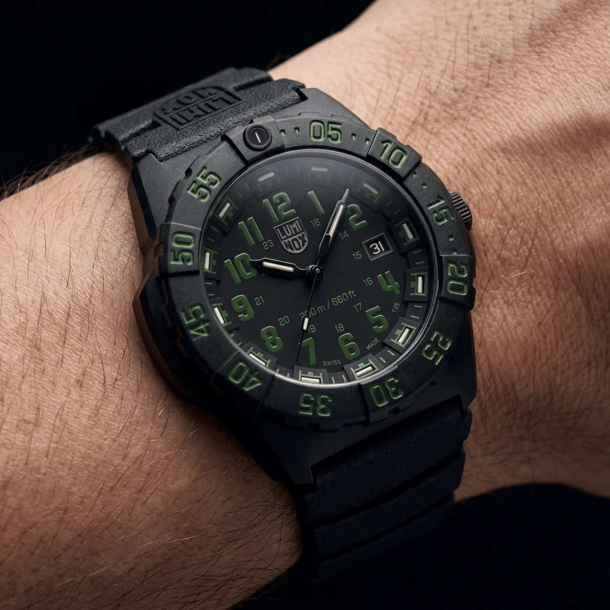 Luminox Navy SEAL XS.3567 black 44mm CARBONOX watch with green accents