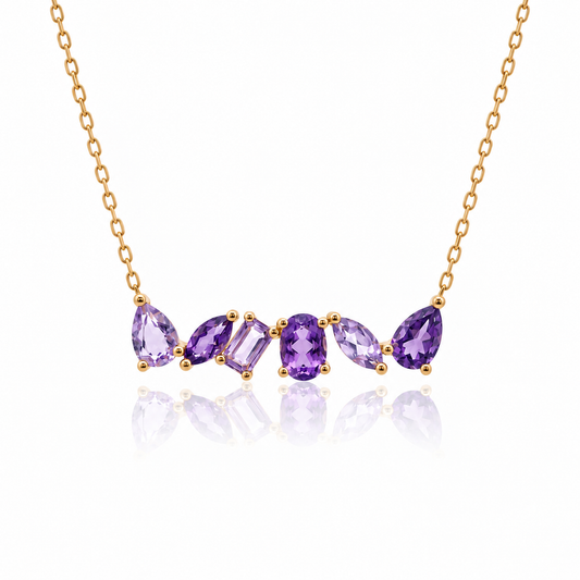 9ct yellow gold multishape amethyst necklace with pear octagonal and marquise gemstones
