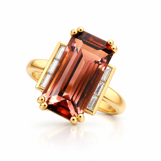 Autumn Ember bi-colour tourmaline and baguette diamond ring in yellow gold on a white background