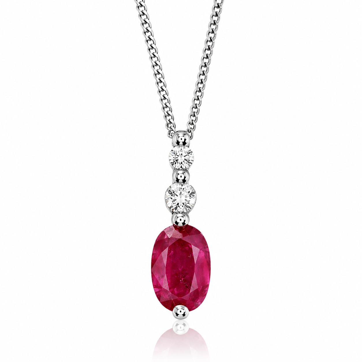 9ct white gold ruby and diamond drop pendant with adjustable diamond cut curb chain