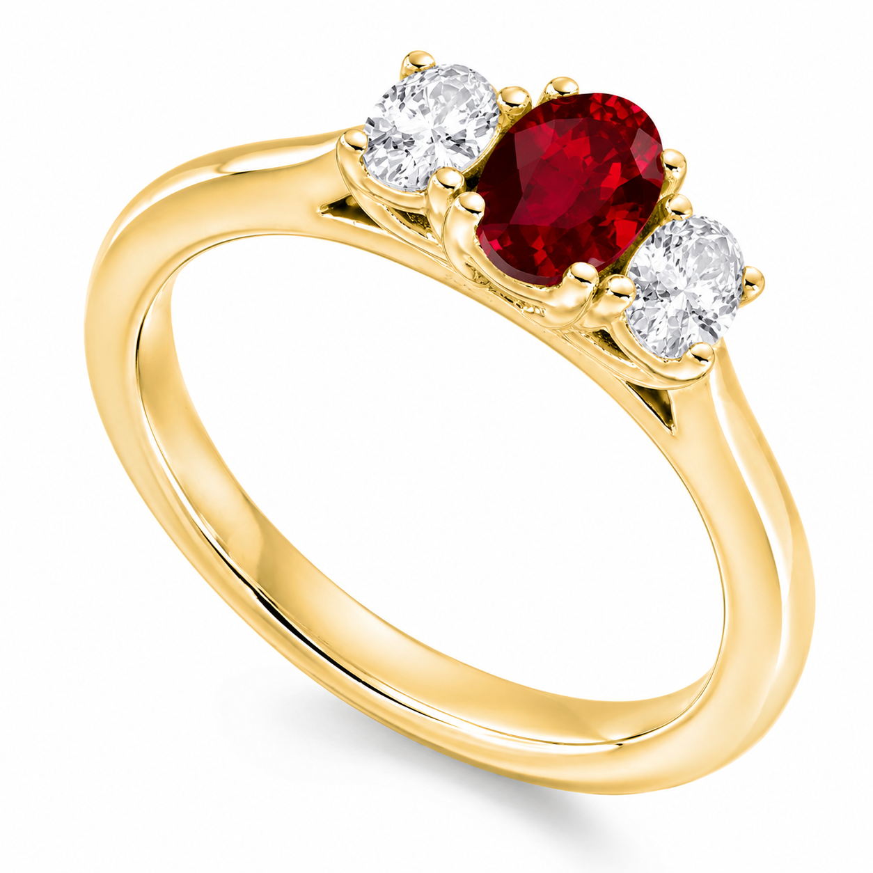 18ct Yellow Gold Oval Ruby & Diamond Trilogy Ring