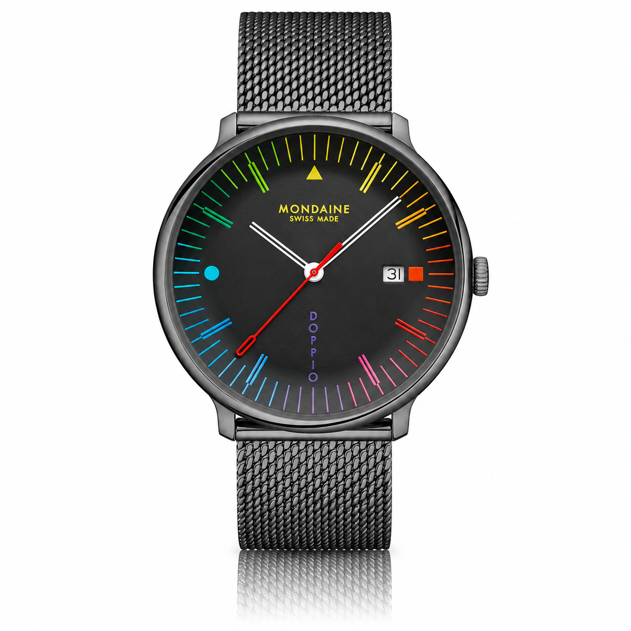 Mondaine Doppio 41mm black Swiss watch with colourful Bauhaus dial and Milanese mesh bracelet