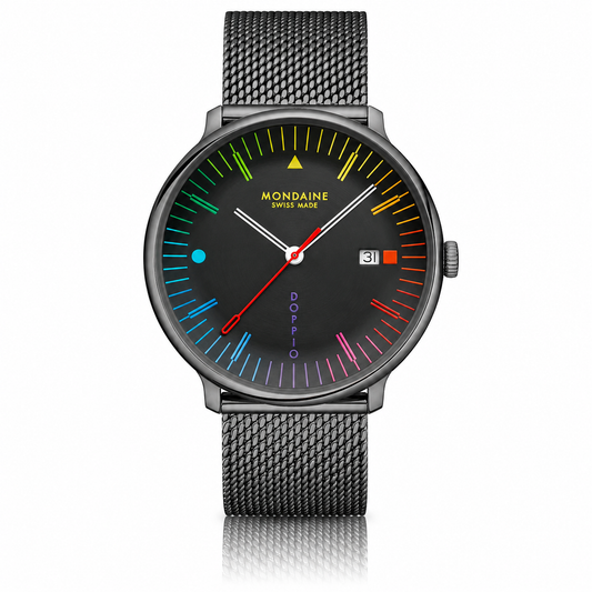 Mondaine Doppio 41mm black Swiss watch with colourful Bauhaus dial and Milanese mesh bracelet