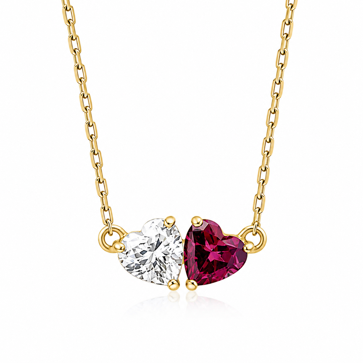9ct yellow gold Toi et Moi necklace featuring heart-cut rhodolite garnet and white topaz on an adjustable chain.