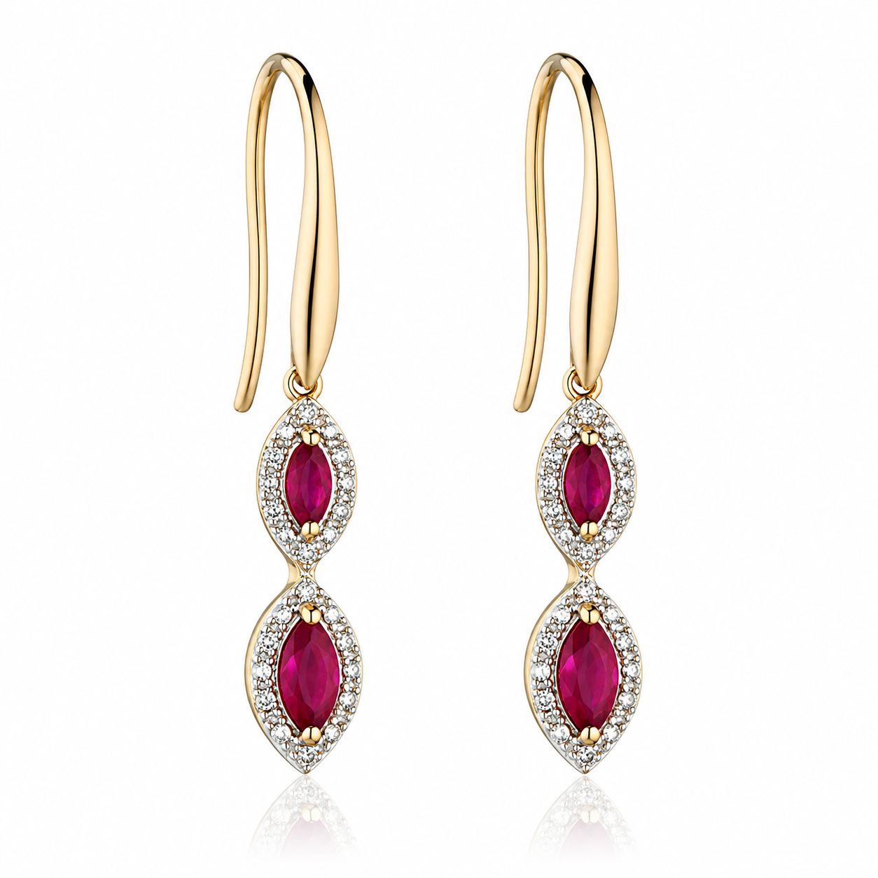 Marquise ruby and diamond drop earrings in 9ct yellow gold