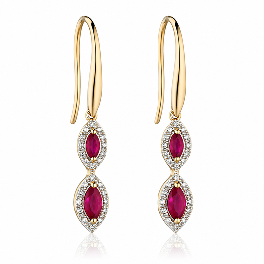 Marquise ruby and diamond drop earrings in 9ct yellow gold