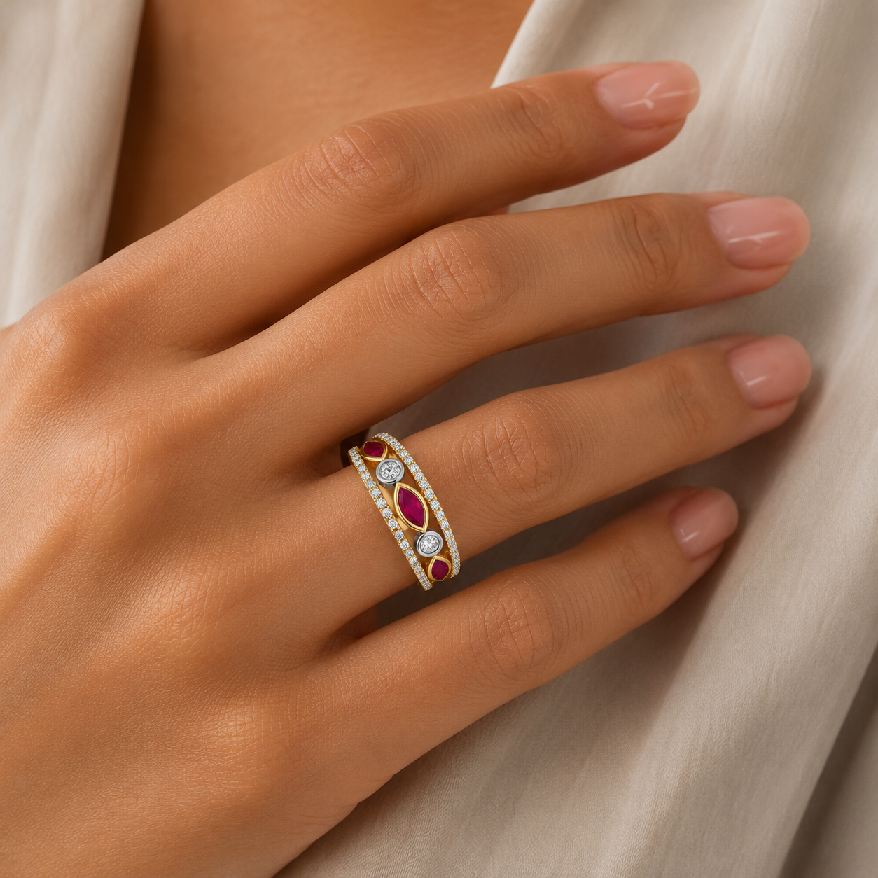 Marquise ruby band ring with platinum diamonds