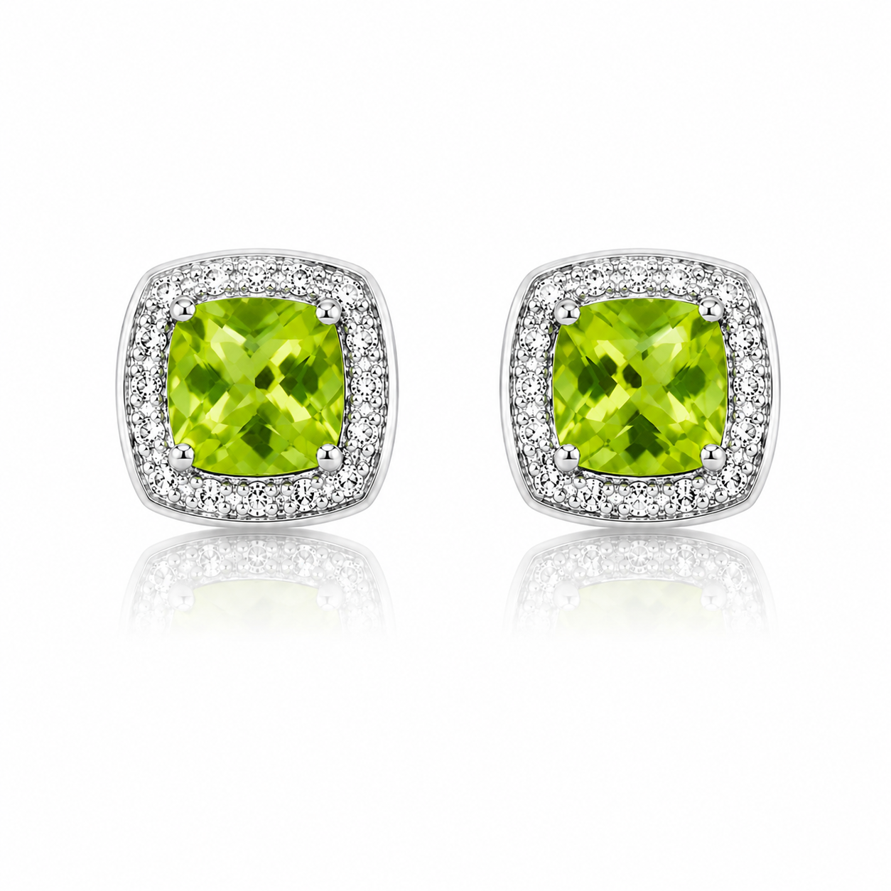 Cushion Cut Peridot Earrings with Diamond Surround in 9ct Gold