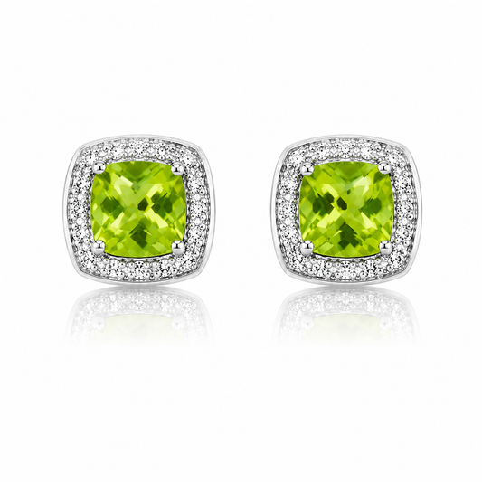 Cushion Cut Peridot Earrings with Diamond Surround in 9ct Gold