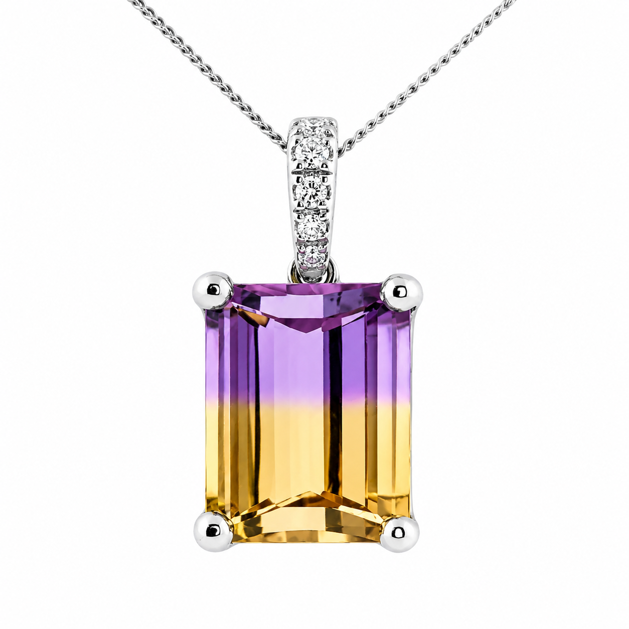 Emerald cut ametrine pendant in white gold with diamond set bail