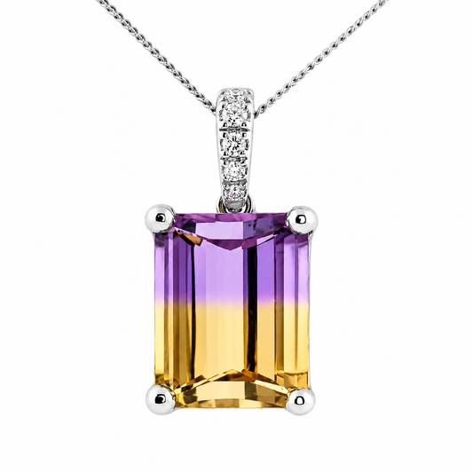 Emerald cut ametrine pendant in white gold with diamond set bail