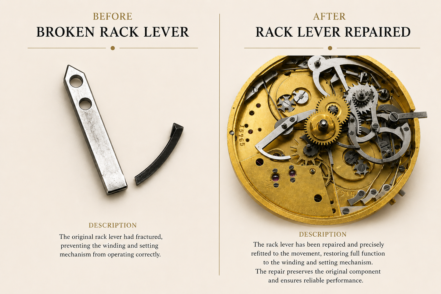 Vintage pocket watch repeater movement during restoration with repaired mechanical components before final assembly.