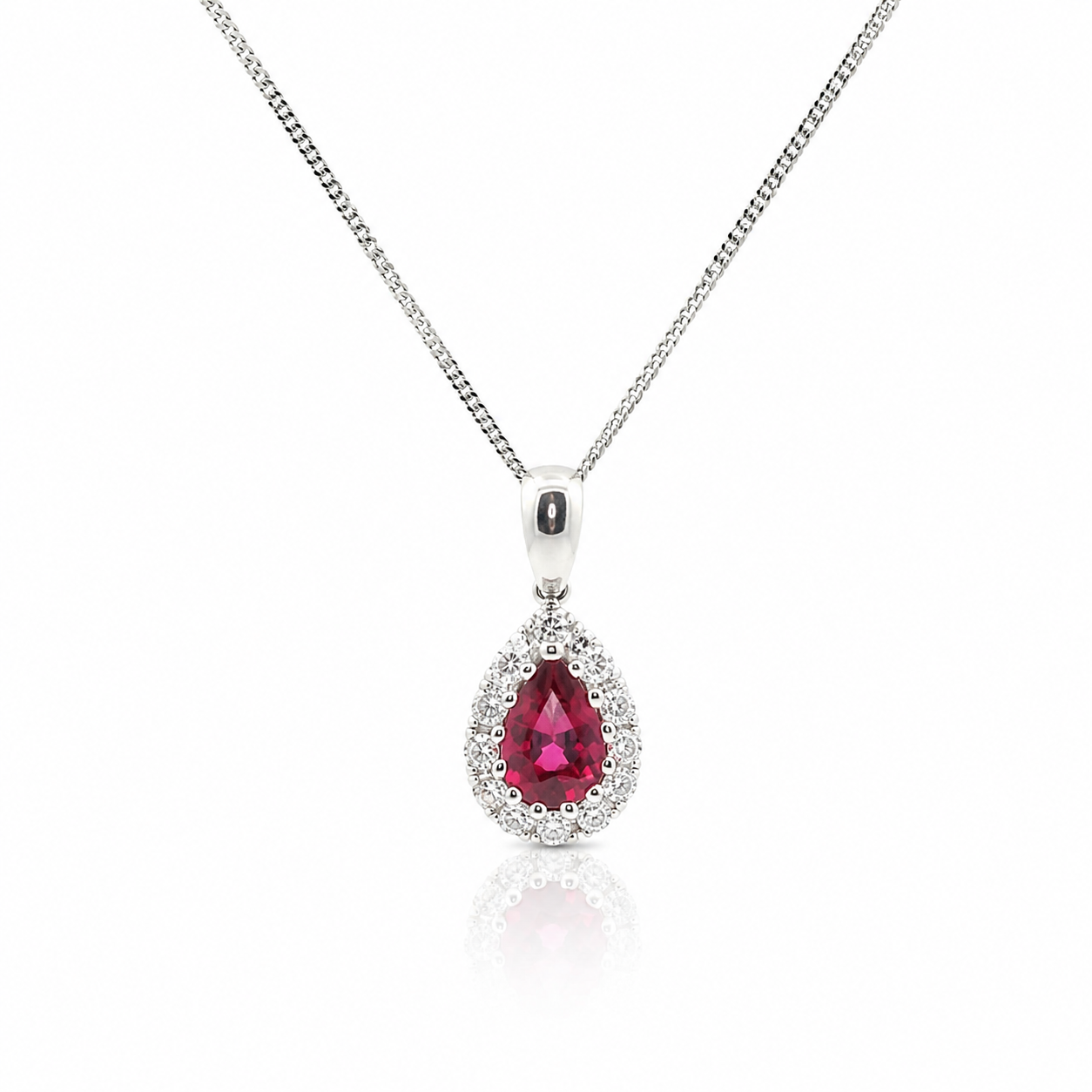 18ct White Gold Ruby & Diamond Halo Pendant