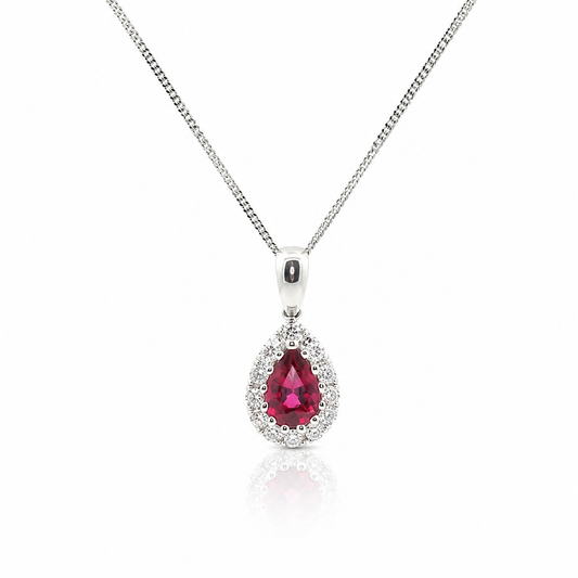 18ct White Gold Ruby & Diamond Halo Pendant
