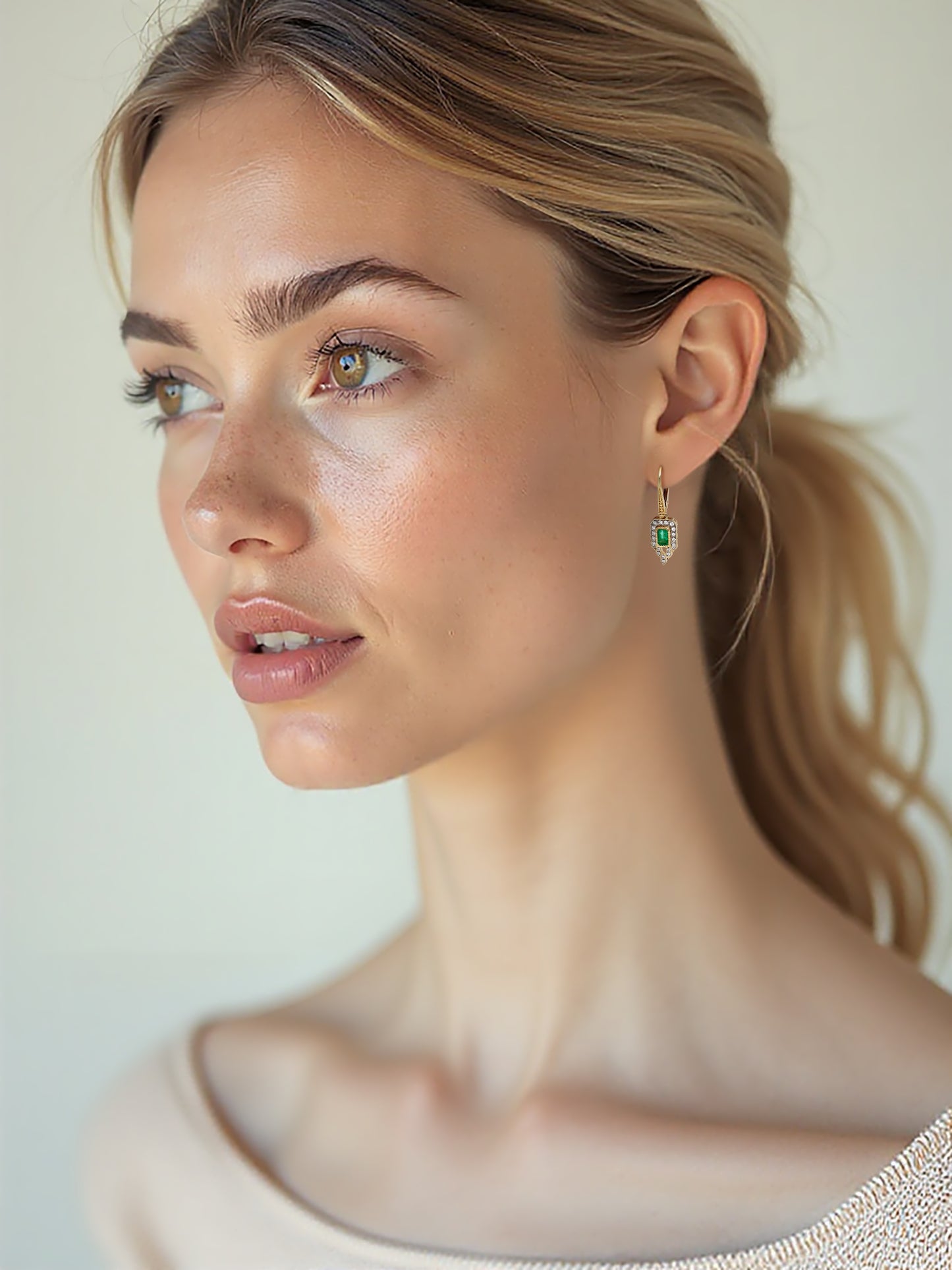 14ct Gold Art Deco Inspired Emeralds and Diamonds Drop Earrings