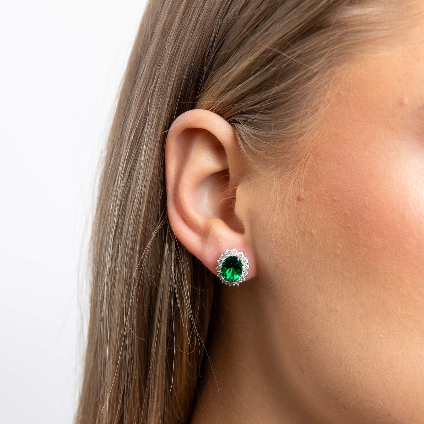 Emerald Oval Stud Earrings with Surround